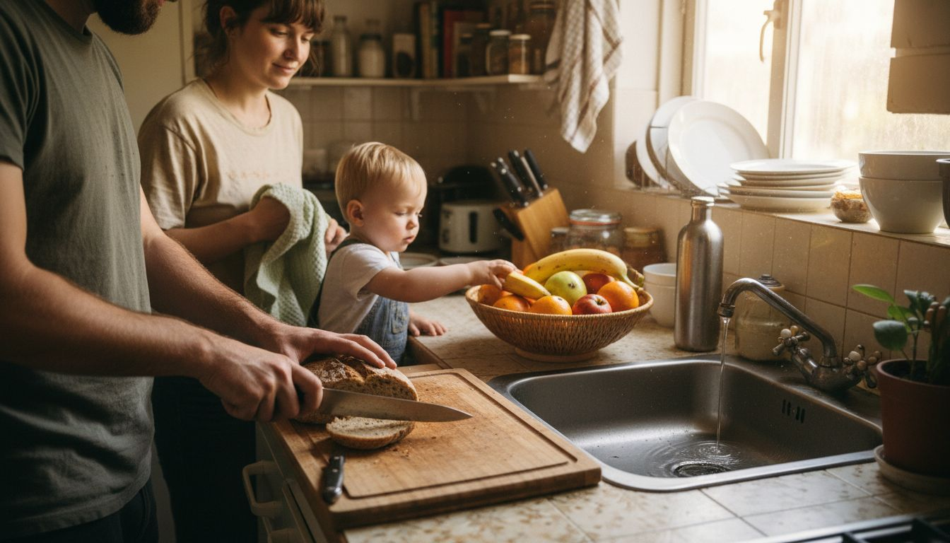Family using bamboo kitchen products at home
