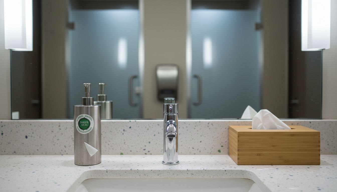 Eco restroom with touchless fixtures, green label