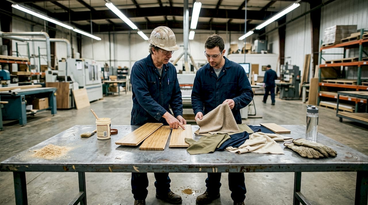 Workers compare bamboo processing methods in factory