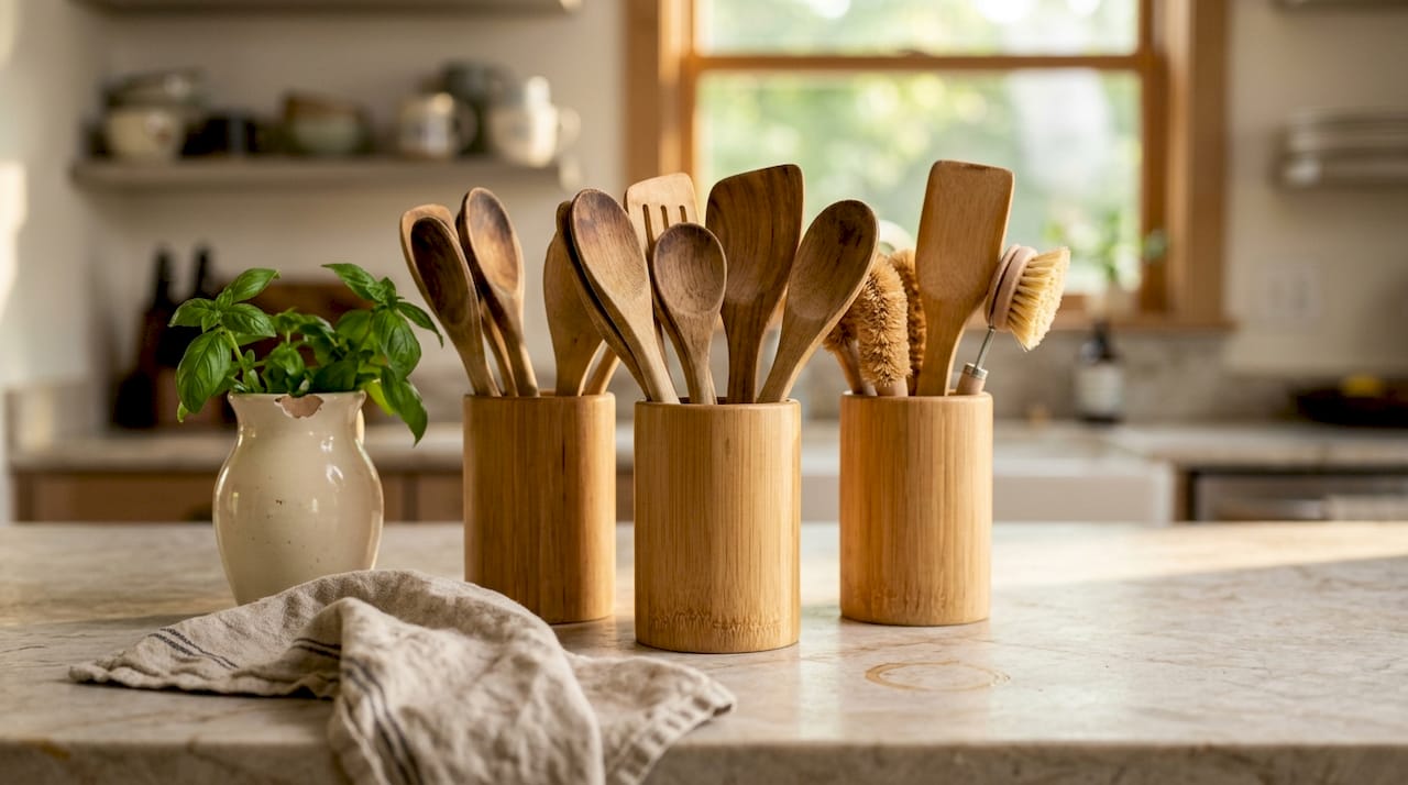 Matching bamboo holders with kitchen utensils