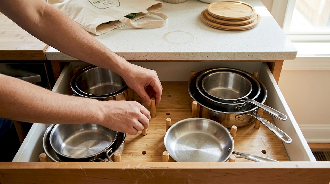 Hands using bamboo pegboard for pots