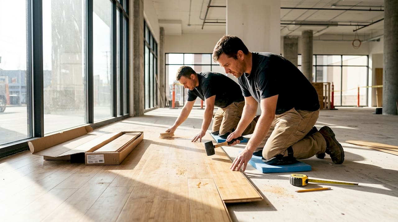 Installers fitting bamboo planks in showroom