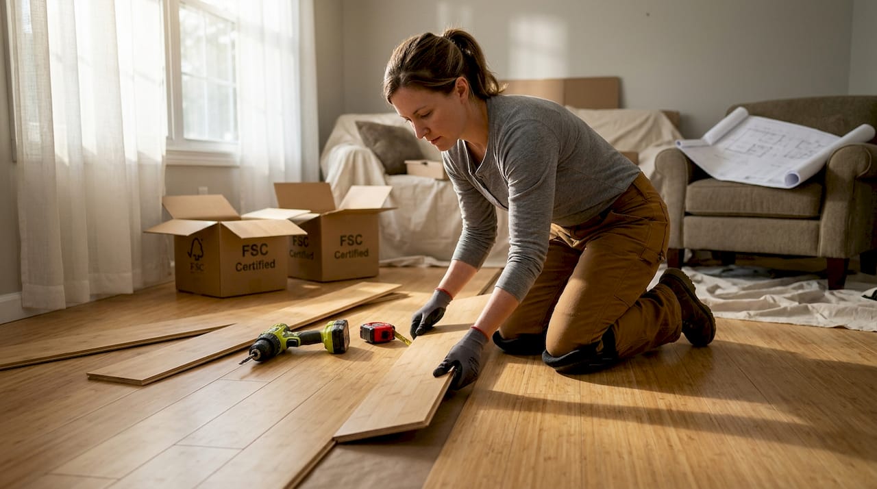 Installer laying FSC certified bamboo flooring