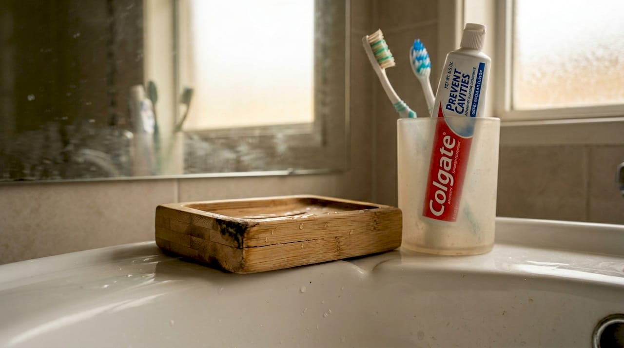 Bamboo soap dish and plastic holder on sink