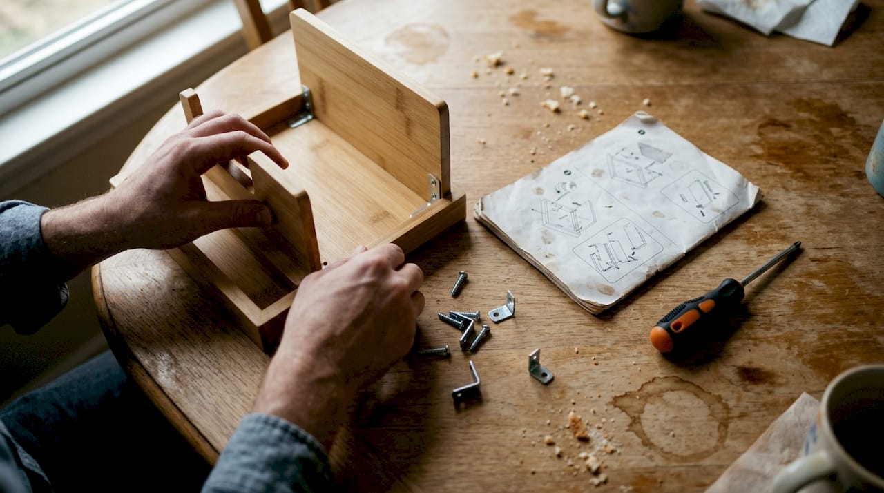 Hands assembling bamboo holder on messy table
