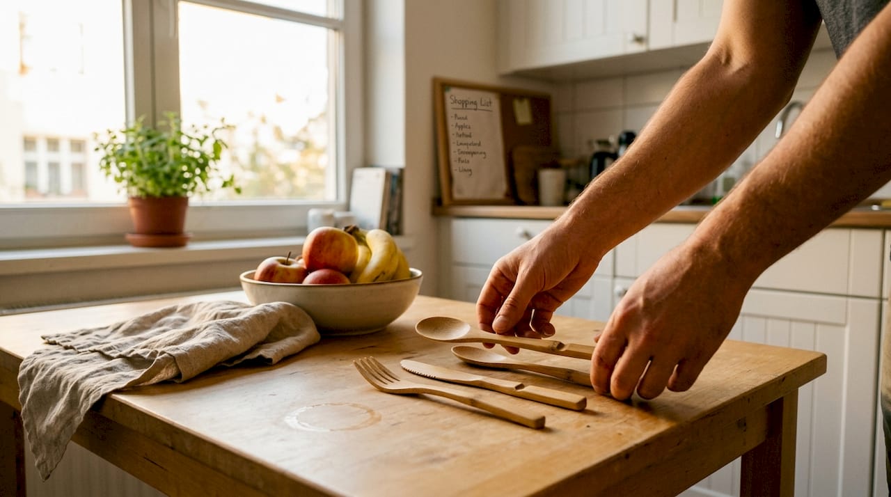 Hands placing bamboo cutlery on kitchen table