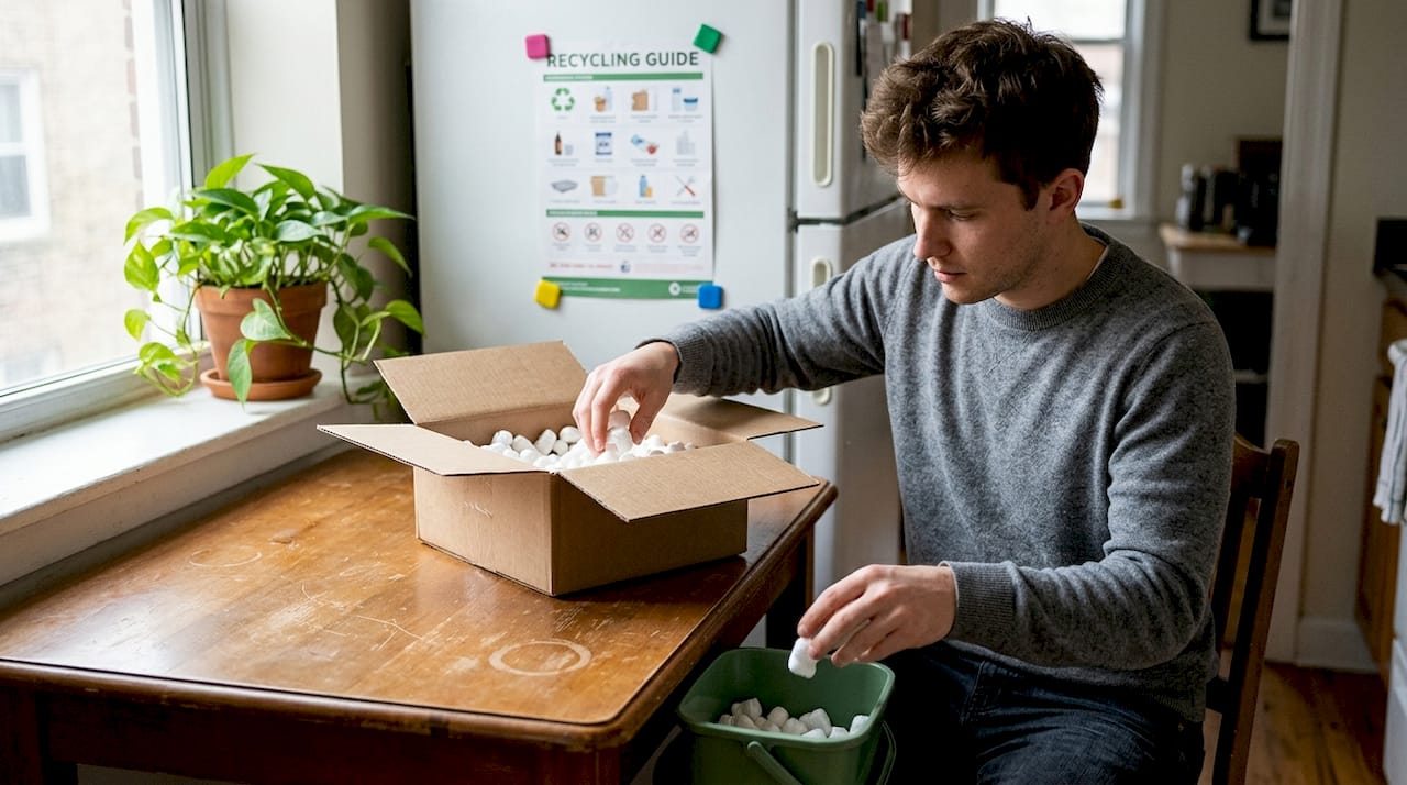 Unpacking compostable packaging at kitchen table