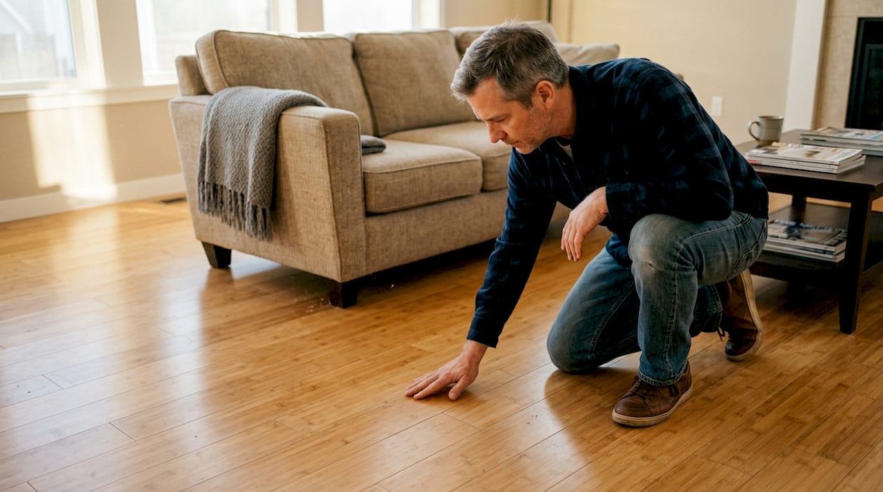 Man examining bamboo flooring in living room
