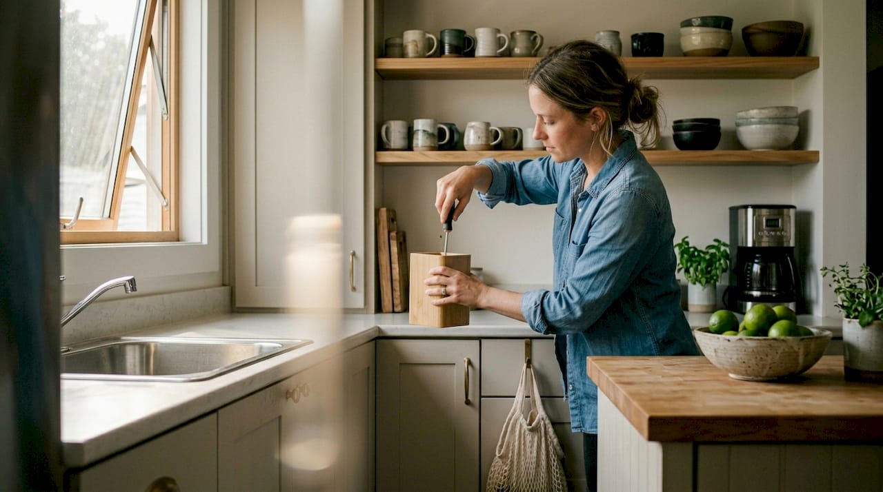 Person installing bamboo decor in casual kitchen