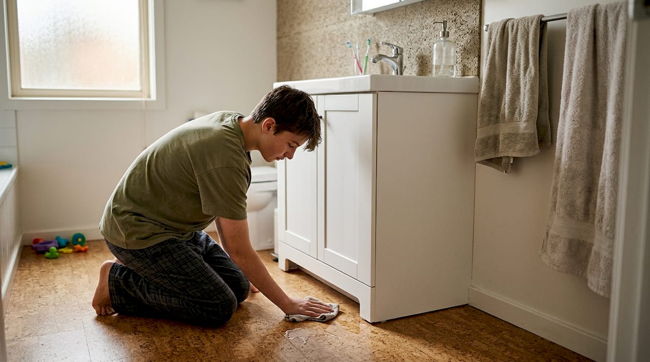 Teen cleaning cork flooring in bathroom