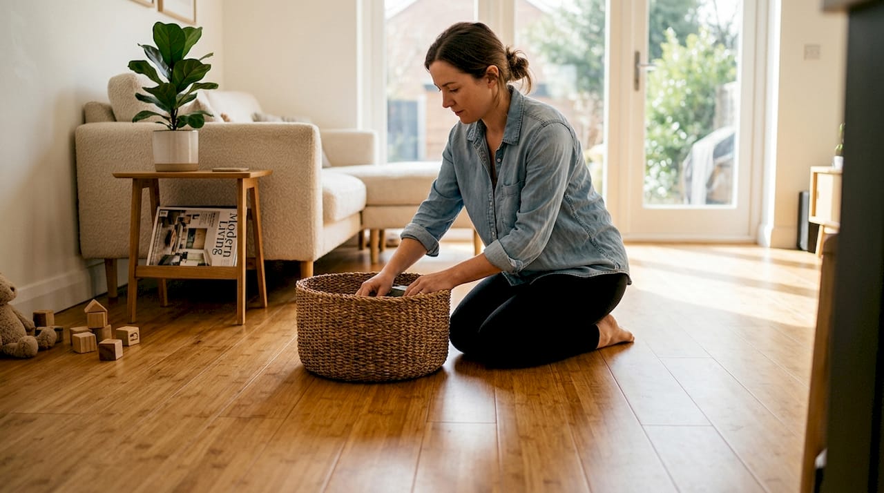 Woman arranging basket on bamboo flooring