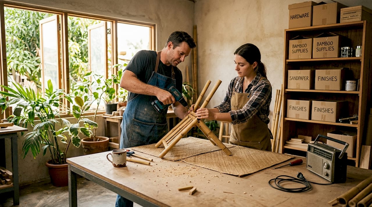 Craftspeople assembling bamboo chair in workshop