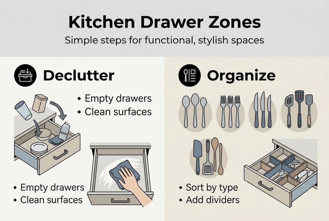 Infographic summarizing kitchen drawer steps