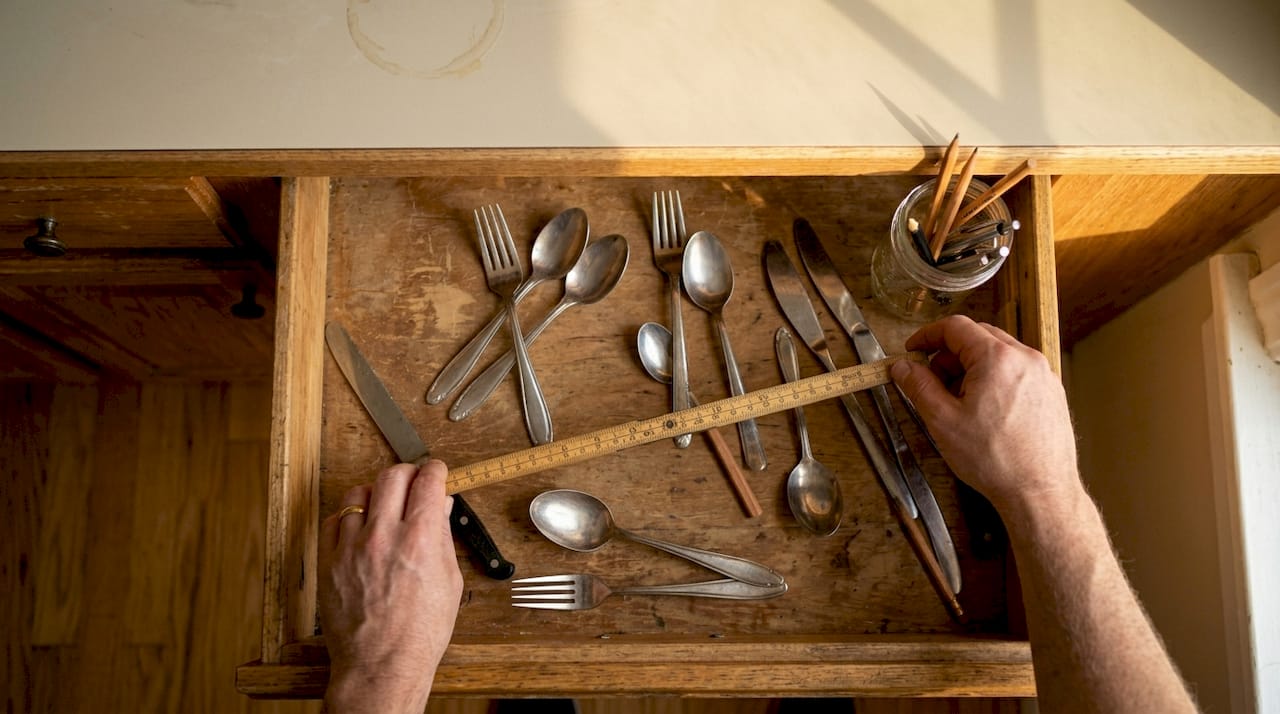 Hands measuring kitchen drawer for organizer