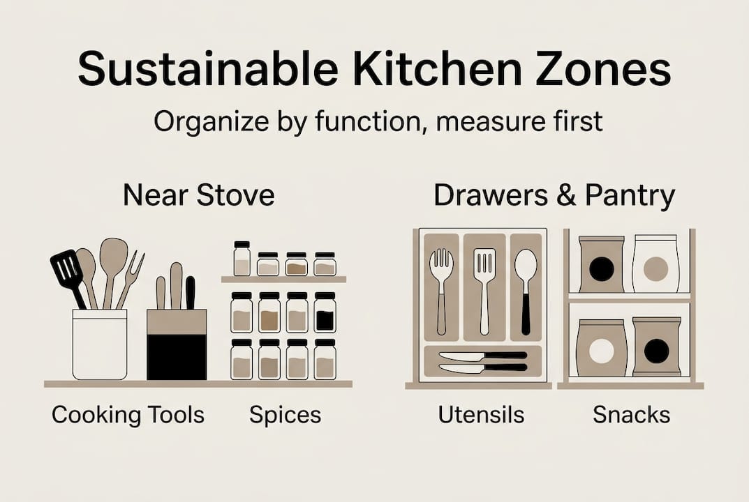 Infographic on sustainable kitchen zone organization