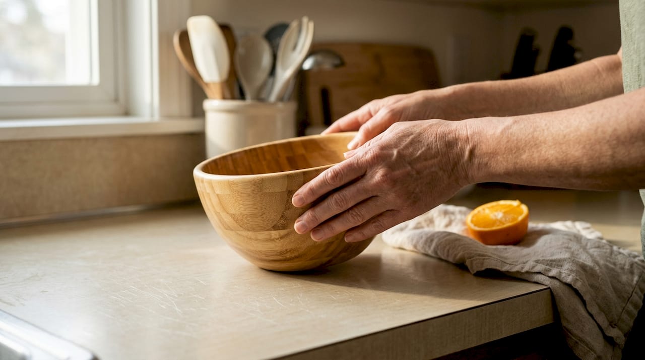Hands inspecting durable handcrafted bamboo bowl