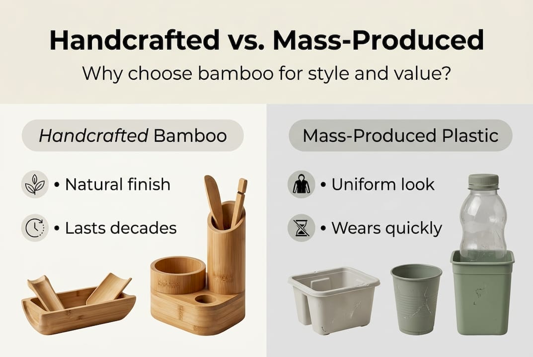 Infographic comparing handcrafted bamboo and plastic