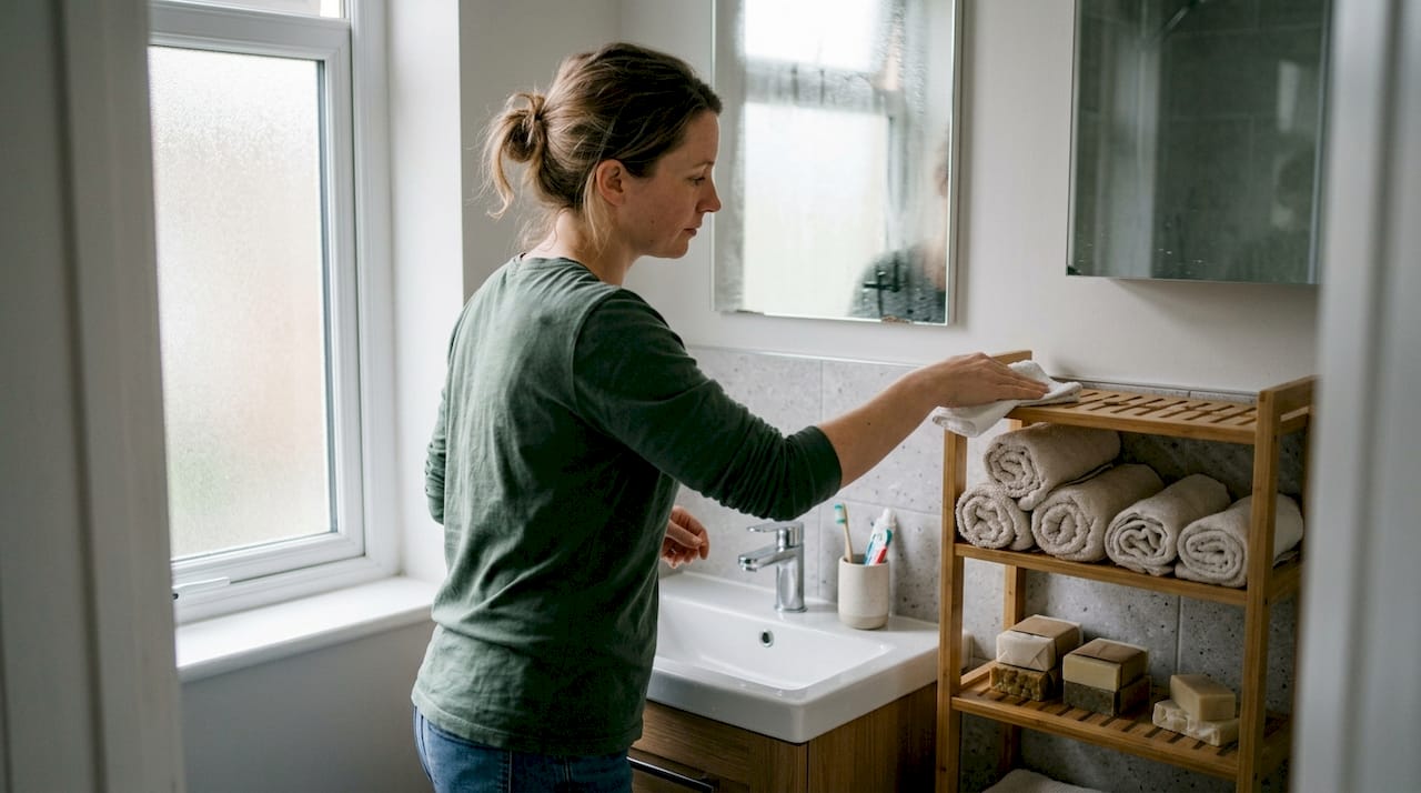 Homeowner cleaning ventilated bamboo bathroom organizer