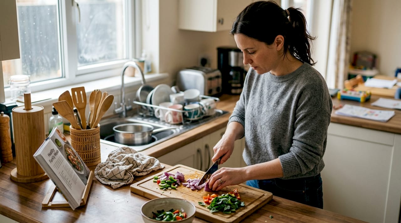 Using bamboo cutting board and utensils in kitchen