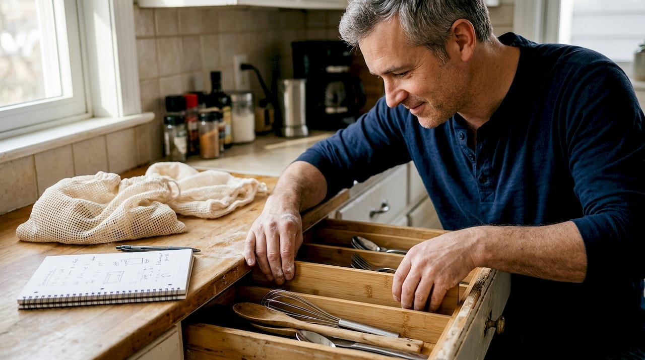 Man fitting bamboo dividers in kitchen drawer