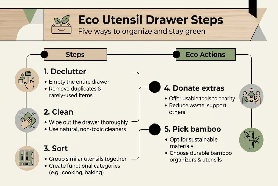 Infographic with five eco-friendly kitchen organizing steps