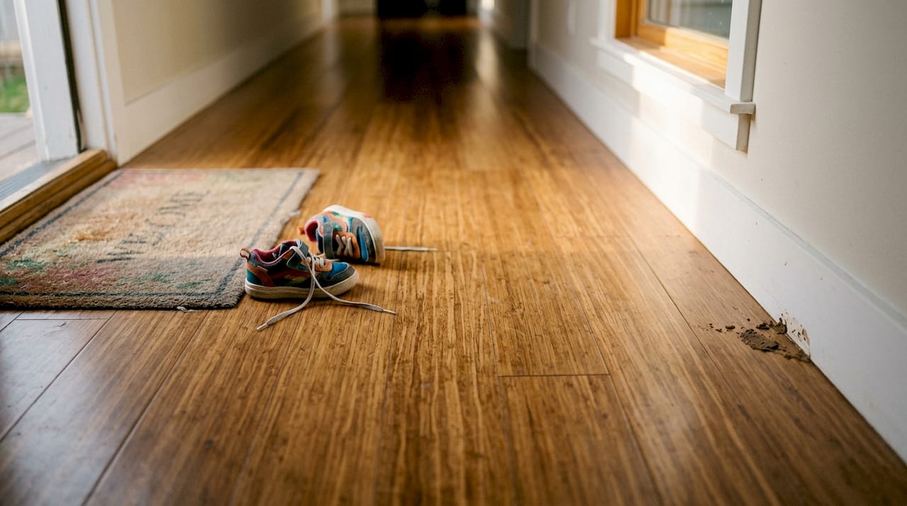 Worn bamboo floor in home hallway