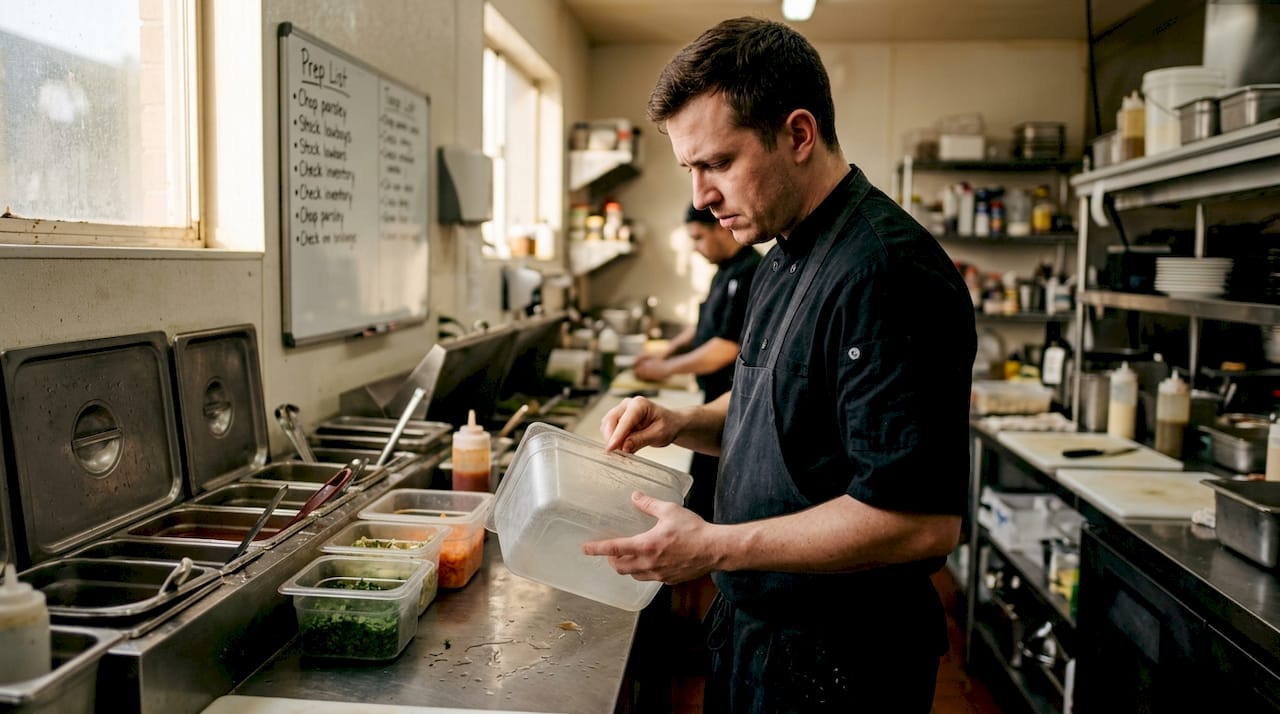 Restaurant staff using worn plastic bins