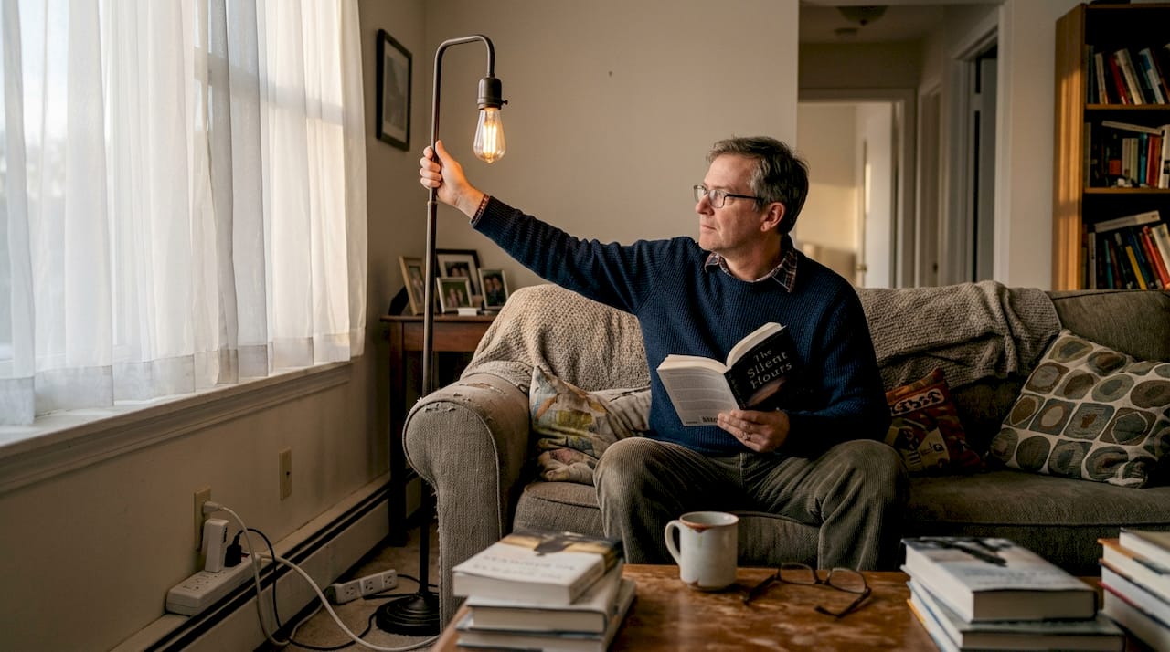 Resident turning off lamp, unplugging devices