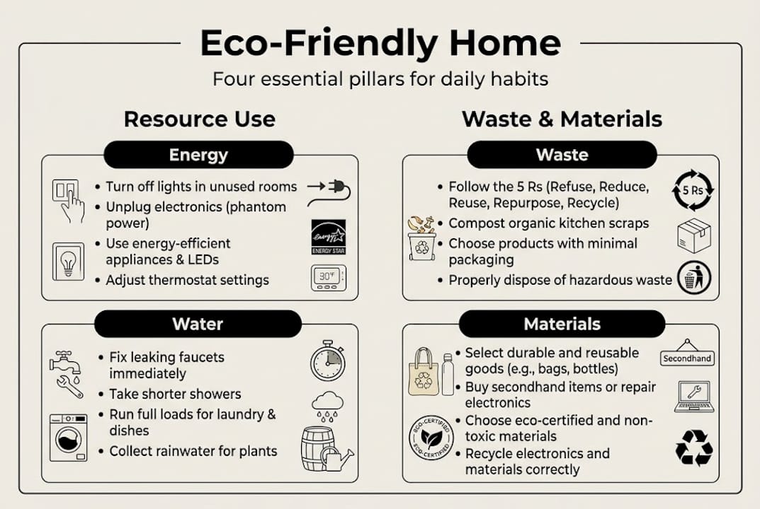 Infographic showing four pillars of eco-friendly home