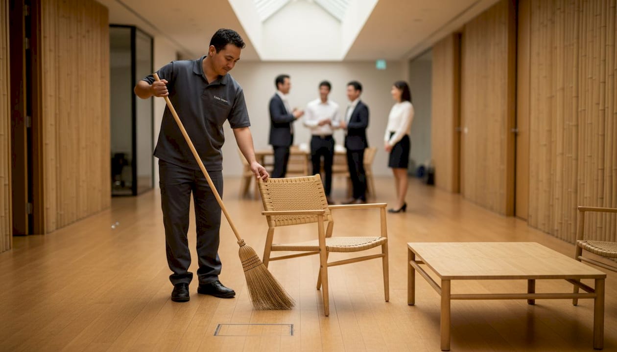 Bamboo flooring being cleaned in office lounge