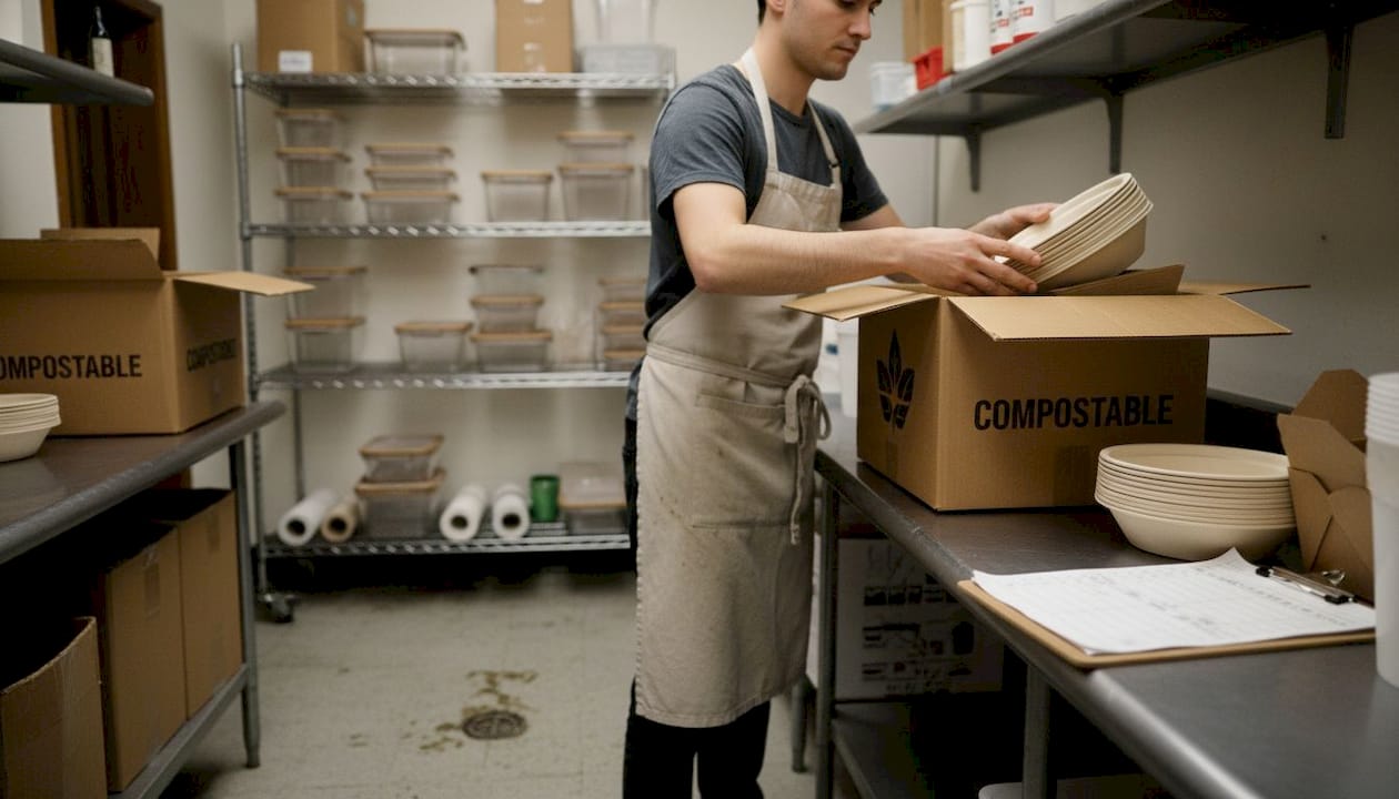 Worker handling compostable restaurant containers