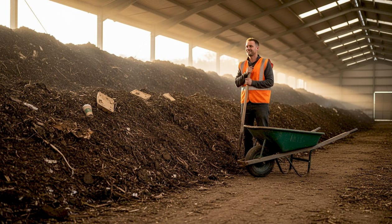 Worker at industrial composting facility with packaging