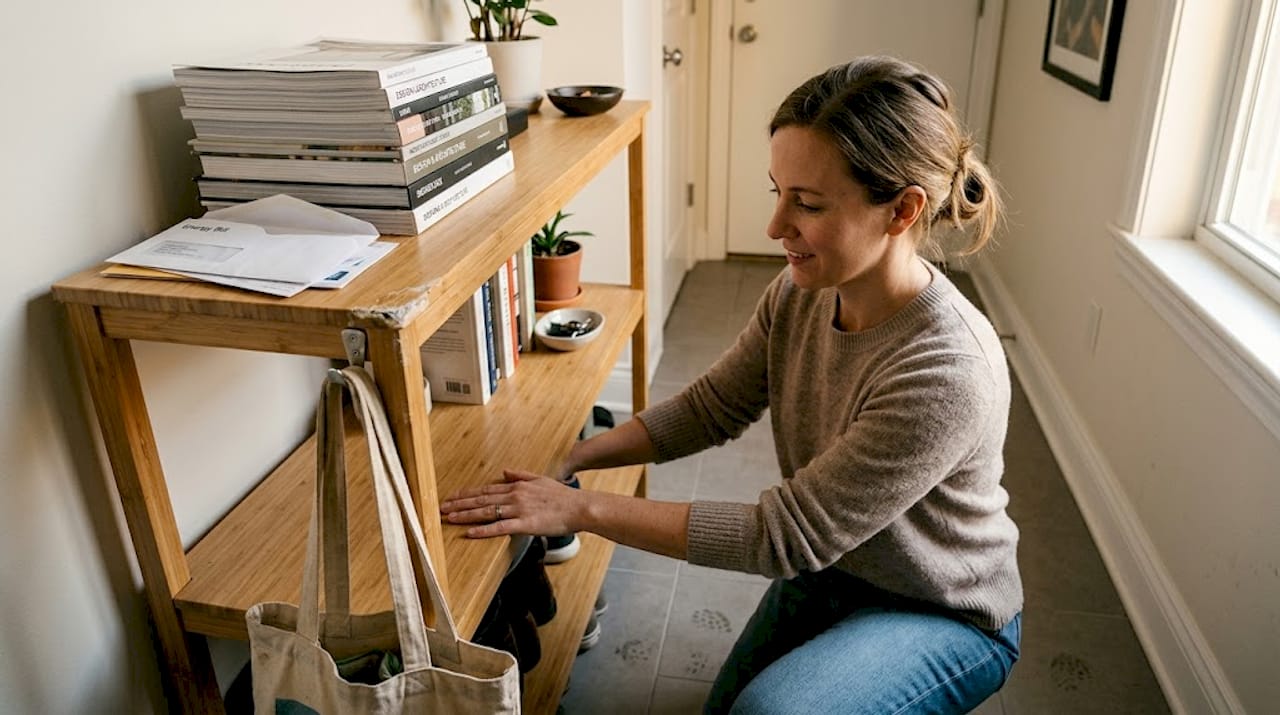 Woman checking bamboo shelf durability at home