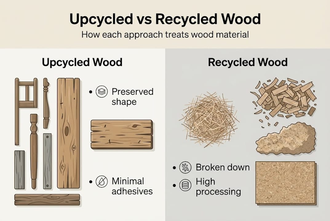 Infographic comparing upcycled and recycled wood