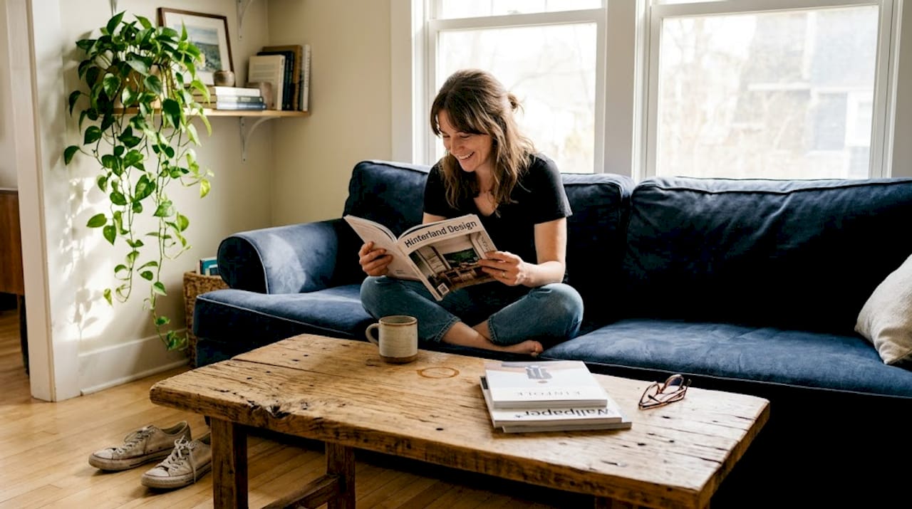 Stylish living room with upcycled wood coffee table