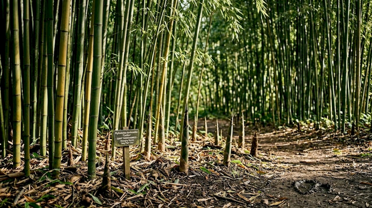 Bamboo grove with new shoots and fallen leaves