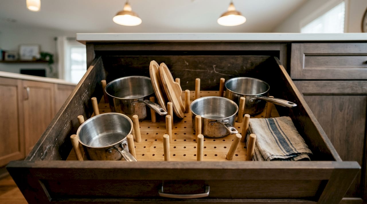 Deep kitchen drawer with bamboo organizer and pots