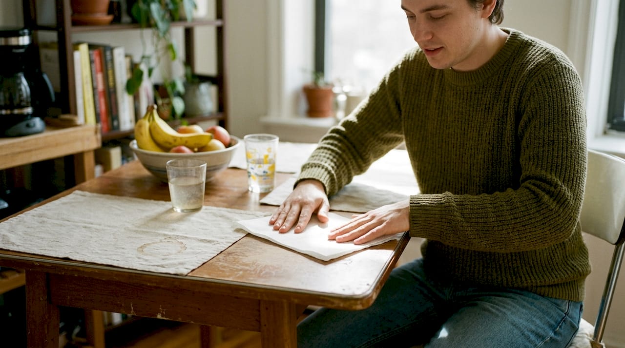 Folding paper napkin at lived-in dining table