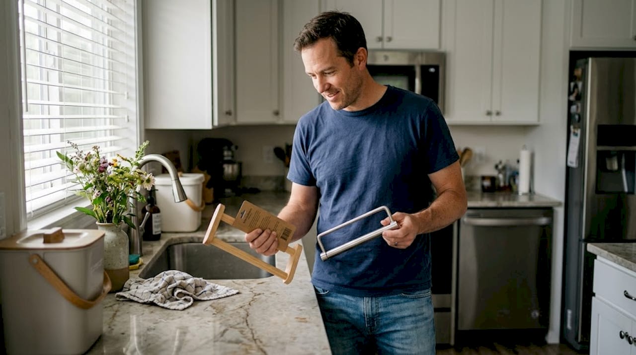 Man comparing eco-friendly towel holder options