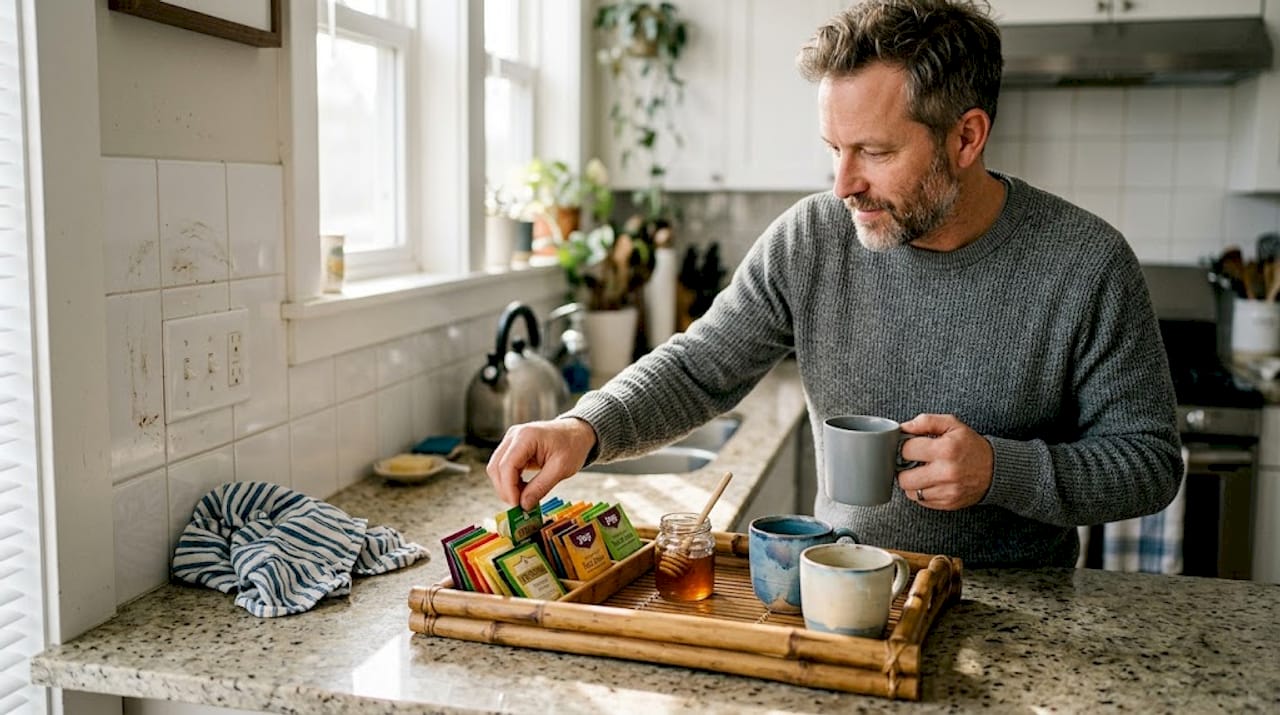 Man selecting tea from bamboo kitchen tray