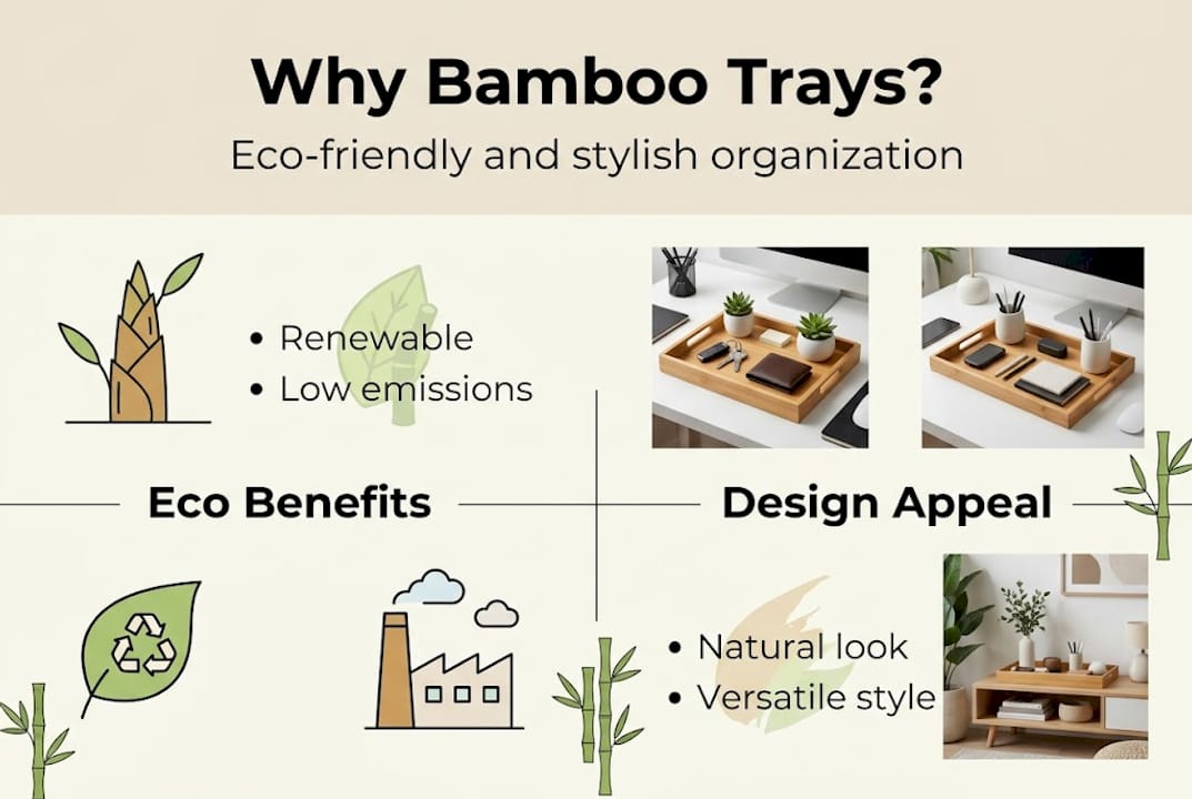 Infographic highlighting eco and design benefits of bamboo trays
