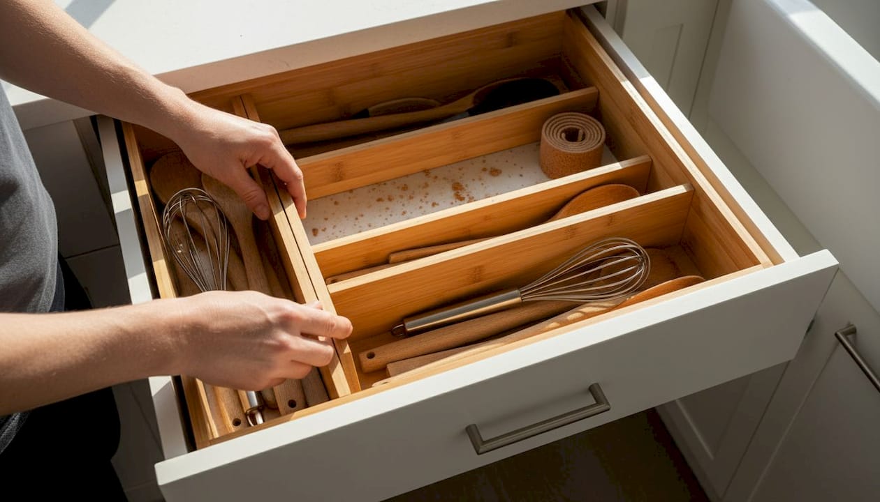 Adjusting bamboo dividers in organized kitchen drawer