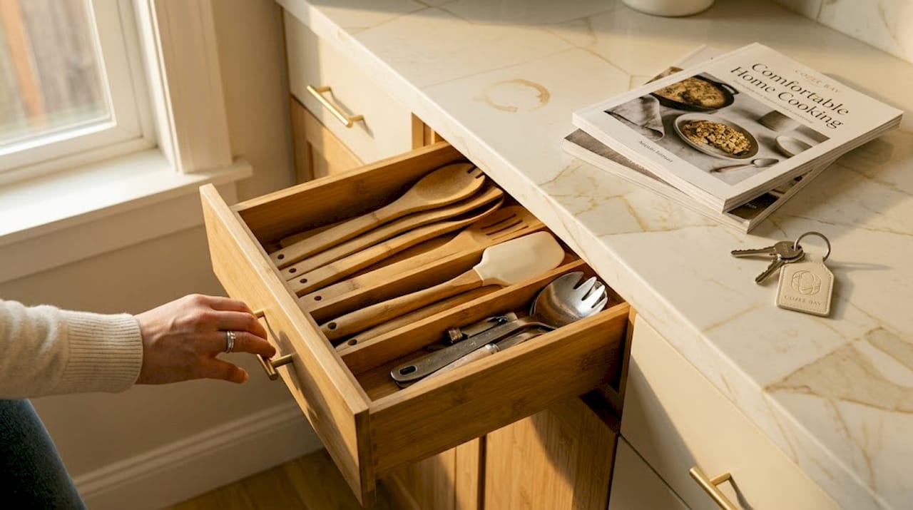 Hand opening drawer with bamboo utensils