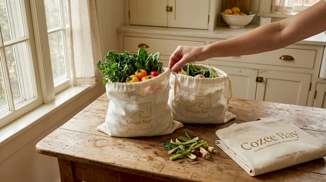 Linen produce bags holding fresh vegetables