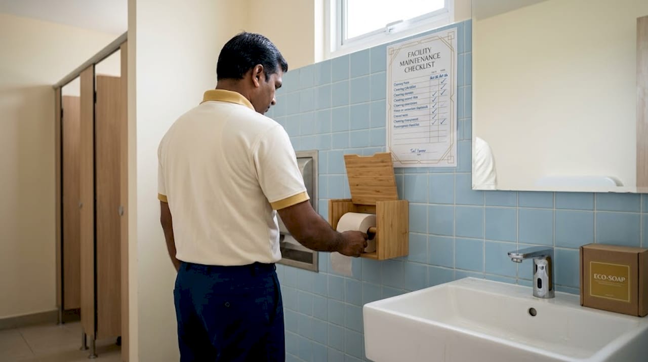Staff refills bamboo toilet paper dispenser