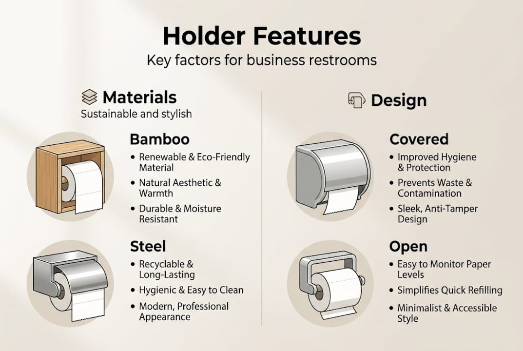 Infographic of commercial toilet paper holder features