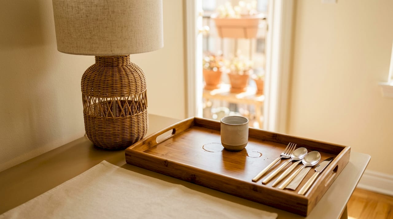 Bamboo serving tray and lamp contrast