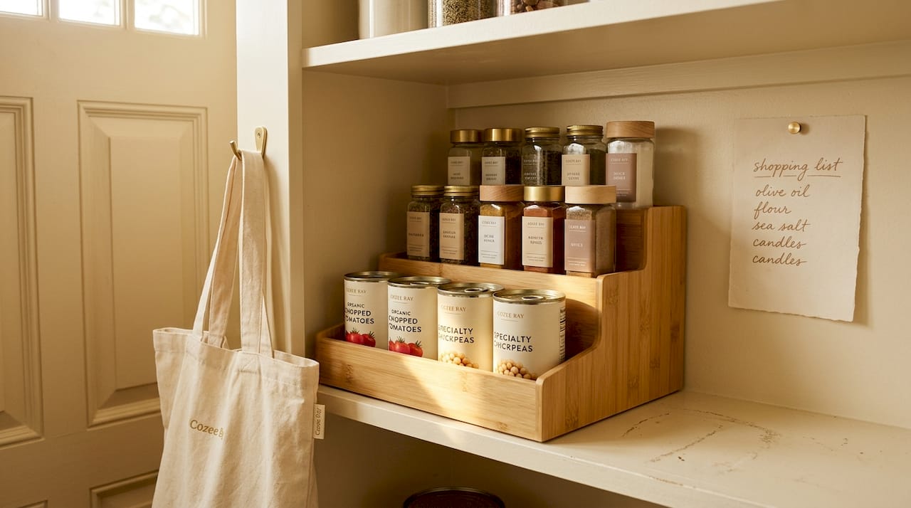 Tiered bamboo organizer on busy pantry shelf