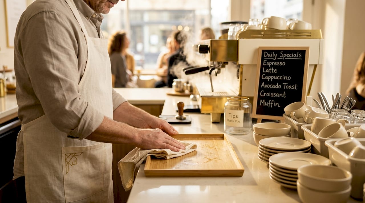 Barista cleaning well-used bamboo tray in café