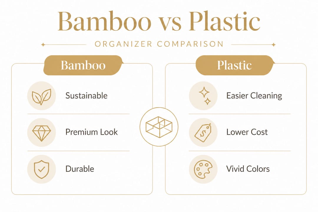 Infographic comparing bamboo and plastic organizers